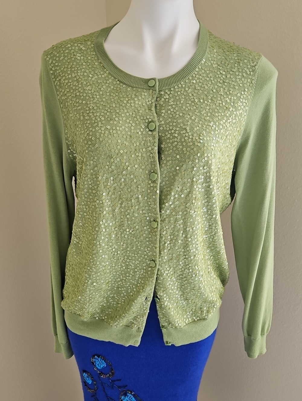 Talbots Sequin Silk Knit Green Cardigan Sweater Large